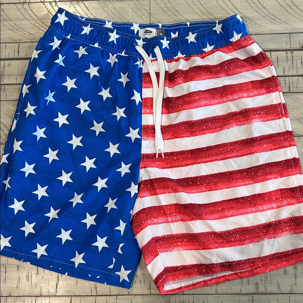 Old Navy Patriotic Swim Trunks Stars & Stripes Front Ppckets Drawstring Size M